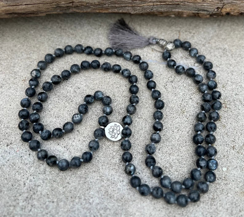 Labradorite Mala 108 Beads – Hand Knotted Gemstone Meditation Prayer Necklace