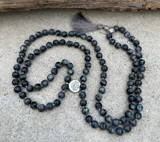 Labradorite 108 Beads Mala Hand Knotted Mala Meditation Yoga Necklace With Silver Charm and Guru Bead