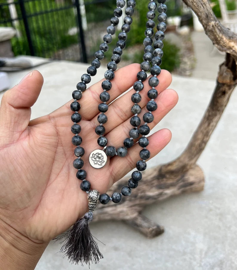 Labradorite 108 Beads Mala Hand Knotted Mala Meditation Yoga Necklace With Silver Charm and Guru Bead