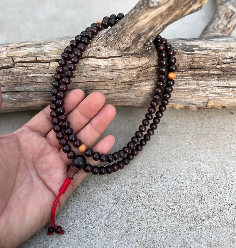 Natural Rosewood Mala / Rosary 108 Beads / Matching Guru Bead / Free Silk Pouch