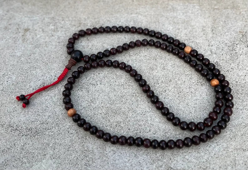 Natural Rosewood Mala / Rosary 108 Beads / Matching Guru Bead / Free Silk Pouch