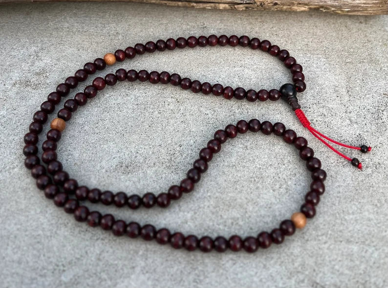 Natural Rosewood Mala / Rosary 108 Beads / Matching Guru Bead / Free Silk Pouch