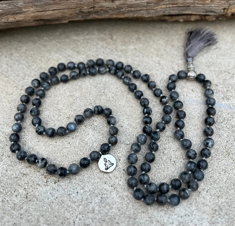 Labradorite 108 Beads Mala Hand Knotted Mala Meditation Yoga Necklace With Silver Charm and Guru Bead