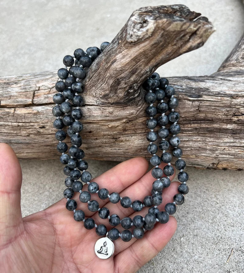 Labradorite 108 Beads Mala Hand Knotted Mala Meditation Yoga Necklace With Silver Charm and Guru Bead