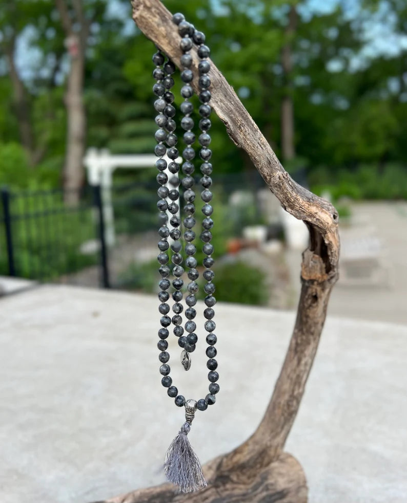 Labradorite 108 Beads Mala Hand Knotted Mala Meditation Yoga Necklace With Silver Charm and Guru Bead