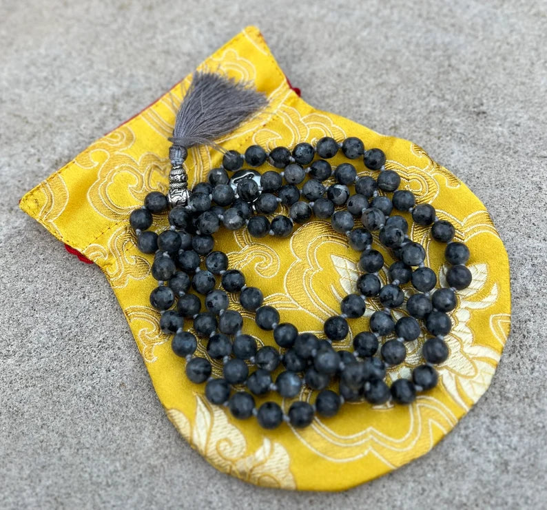Labradorite Mala 108 Beads – Hand Knotted Gemstone Meditation Prayer Necklace