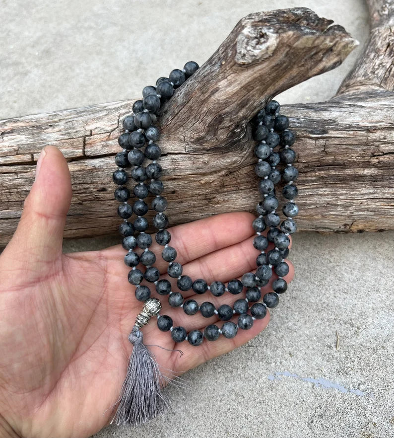 Labradorite 108 Beads Mala Hand Knotted Mala Meditation Yoga Necklace With Silver Charm and Guru Bead