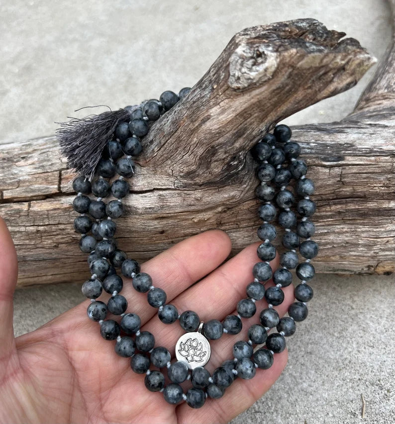 Labradorite 108 Beads Mala Hand Knotted Mala Meditation Yoga Necklace With Silver Charm and Guru Bead