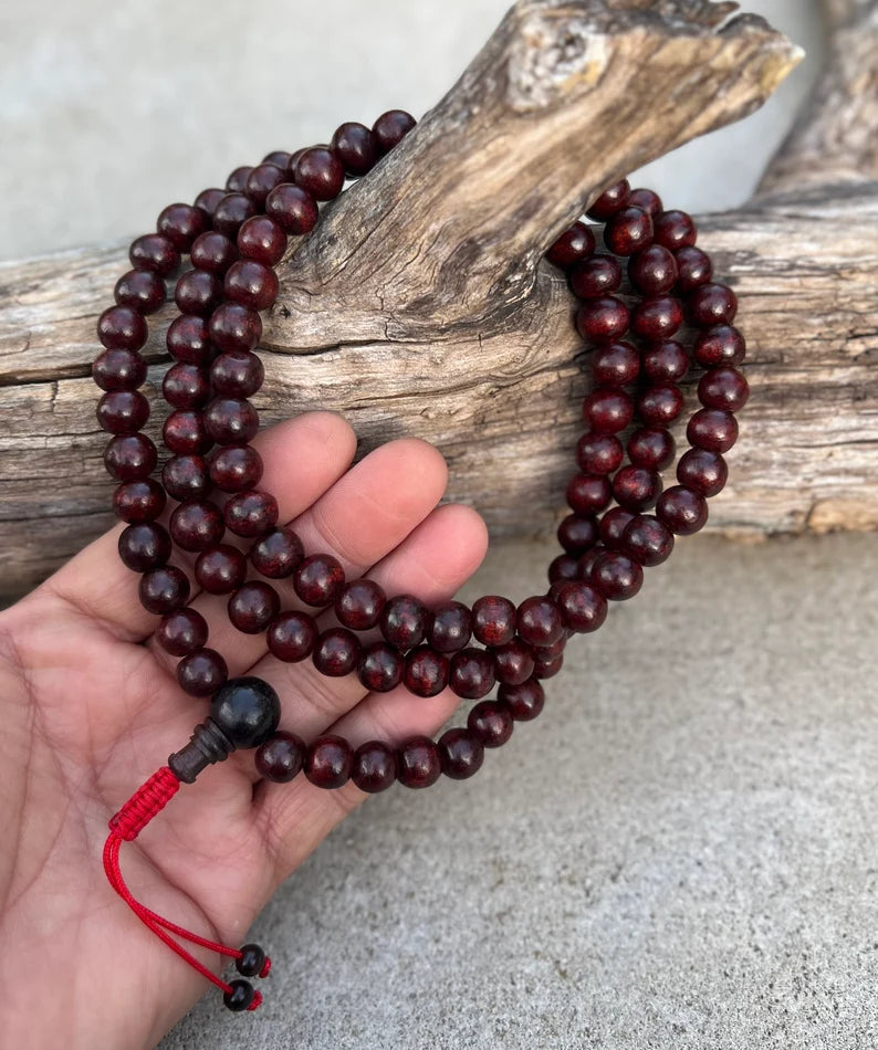 Natural Rosewood Mala / Rosary 108 Beads / Matching Guru Bead / Free Silk Pouch