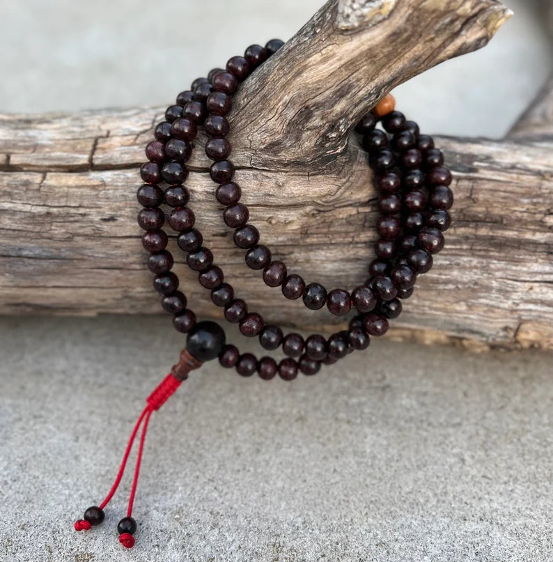 Natural Rosewood Mala / Rosary 108 Beads / Matching Guru Bead / Free Silk Pouch