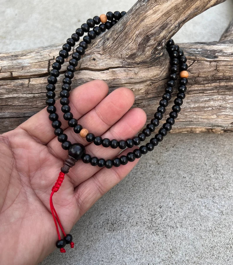 Natural Rosewood Mala / Rosary 108 Beads / Matching Guru Bead / Free Silk Pouch