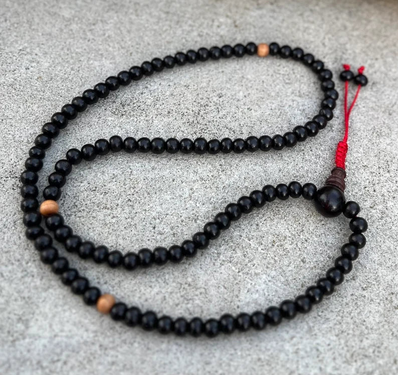 Natural Rosewood Mala / Rosary 108 Beads / Matching Guru Bead / Free Silk Pouch