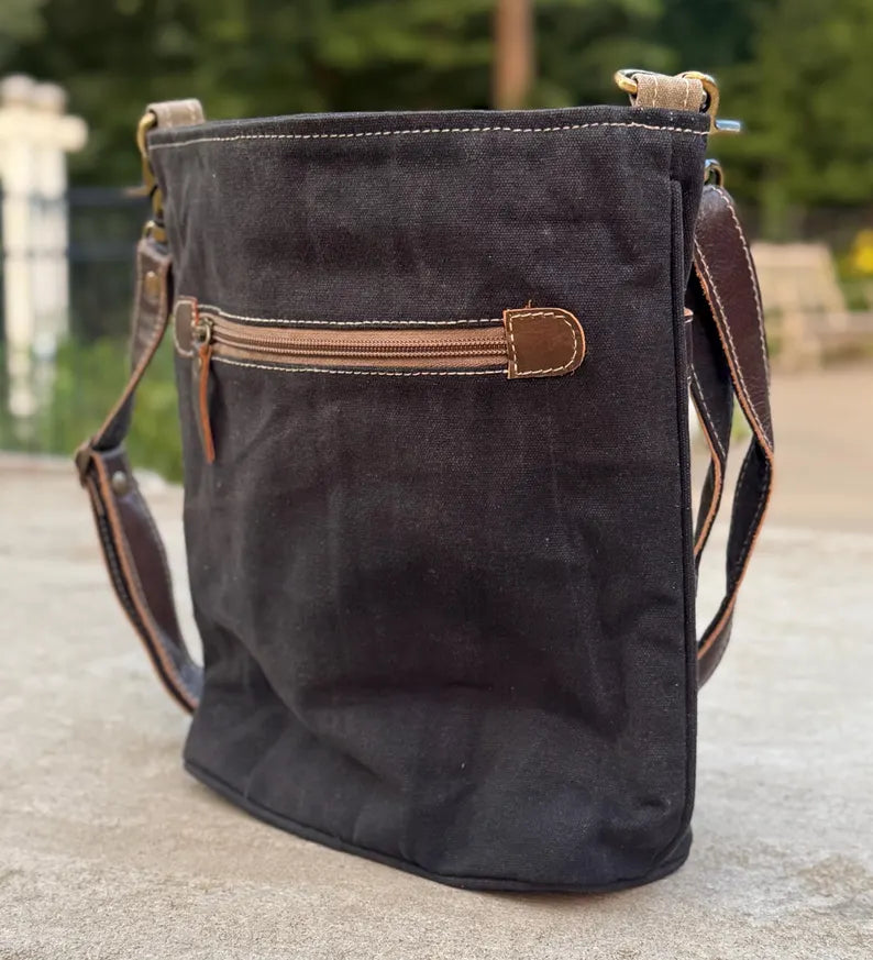 Repurposed And Upcycled Military Tent Crossbody Bag – Eco-Friendly, Durable, Genuine Leather & Brass Hardware - DharmaObjects