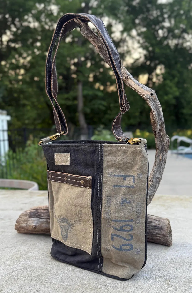 Repurposed And Upcycled Military Tent Crossbody Bag – Eco-Friendly, Durable, Genuine Leather & Brass Hardware - DharmaObjects