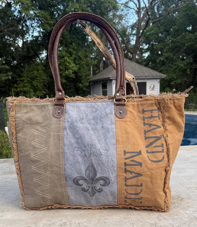 Recycled Military Tent Tote: Large Eco-Friendly Market Bag with Leather Accents - DharmaObjects