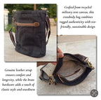 Repurposed And Upcycled Military Tent Crossbody Bag – Eco-Friendly, Durable, Genuine Leather & Brass Hardware - DharmaObjects