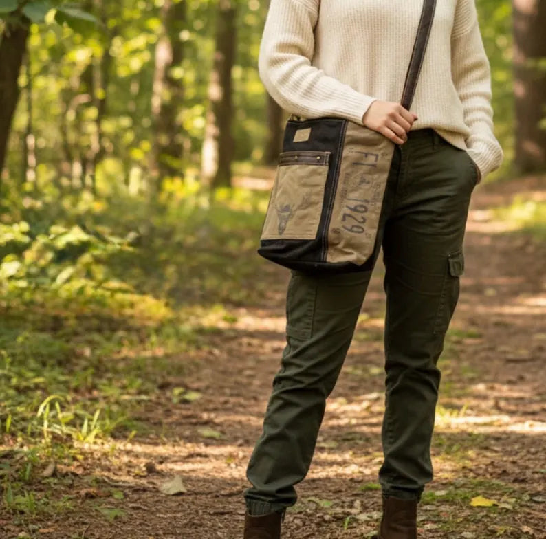 Repurposed And Upcycled Military Tent Crossbody Bag – Eco-Friendly, Durable, Genuine Leather & Brass Hardware - DharmaObjects