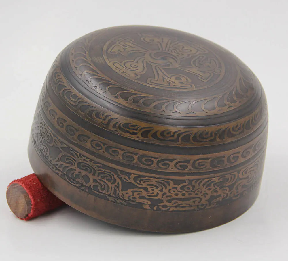 Tibetan Buddhist Buddha Singing Bowl 6.75" | Antique Collector Bowl with Buddha, Eight Lucky Symbols & Heart Chakra F Note - DharmaObjects