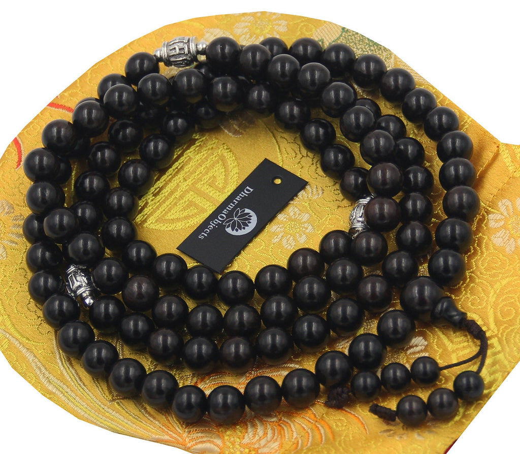 Tibetan Mala Buddhist Prayer Beads Rosary Ebony Wood With Silver Spacers Free Silk Pouch - DharmaObjects