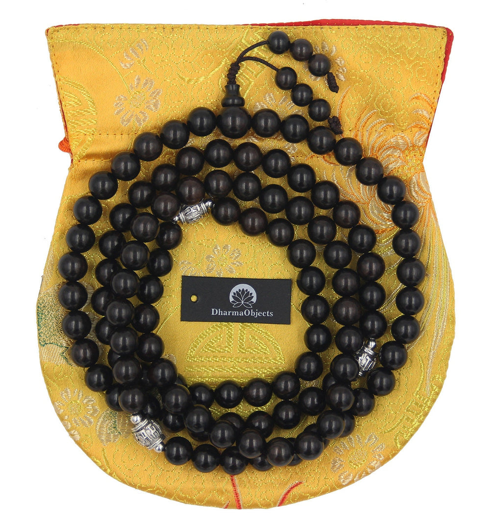 Tibetan Mala Buddhist Prayer Beads Rosary Ebony Wood With Silver Spacers Free Silk Pouch - DharmaObjects