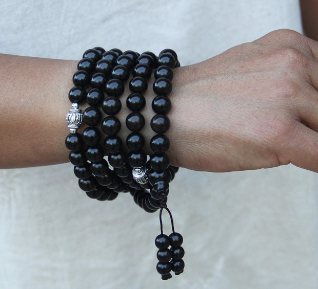 Tibetan Mala Buddhist Prayer Beads Rosary Ebony Wood With Silver Spacers Free Silk Pouch