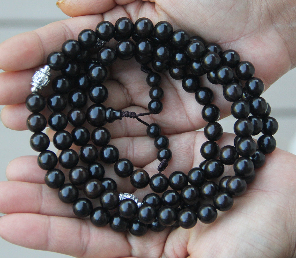 Tibetan Mala Buddhist Prayer Beads Rosary Ebony Wood With Silver Spacers Free Silk Pouch - DharmaObjects