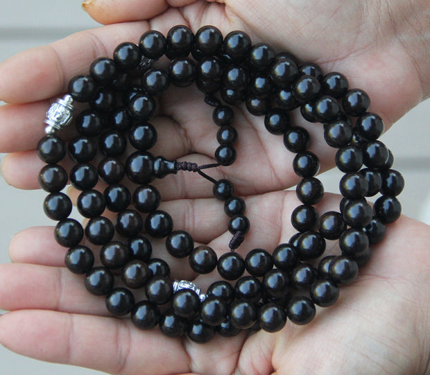 Tibetan Mala Buddhist Prayer Beads Rosary Ebony Wood With Silver Spacers Free Silk Pouch