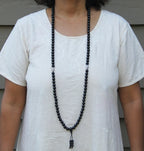 Tibetan Mala Buddhist Prayer Beads Rosary Ebony Wood With Silver Spacers Free Silk Pouch - DharmaObjects