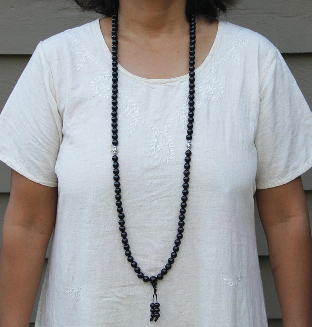 Tibetan Mala Buddhist Prayer Beads Rosary Ebony Wood With Silver Spacers Free Silk Pouch