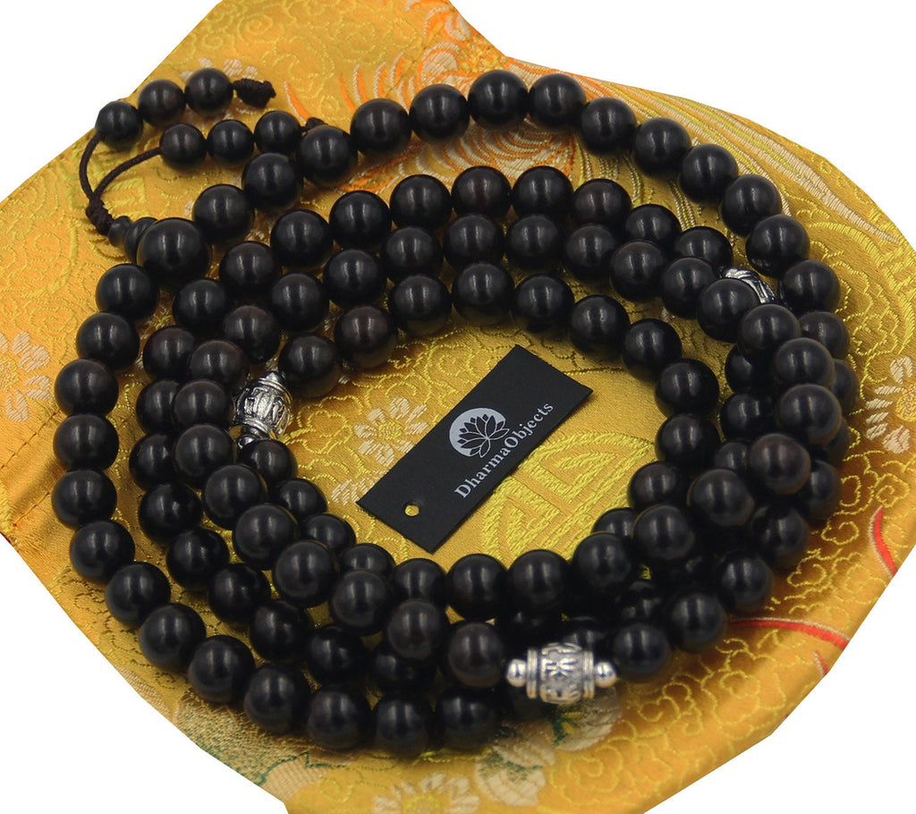 Tibetan Mala Buddhist Prayer Beads Rosary Ebony Wood With Silver Spacers Free Silk Pouch - DharmaObjects