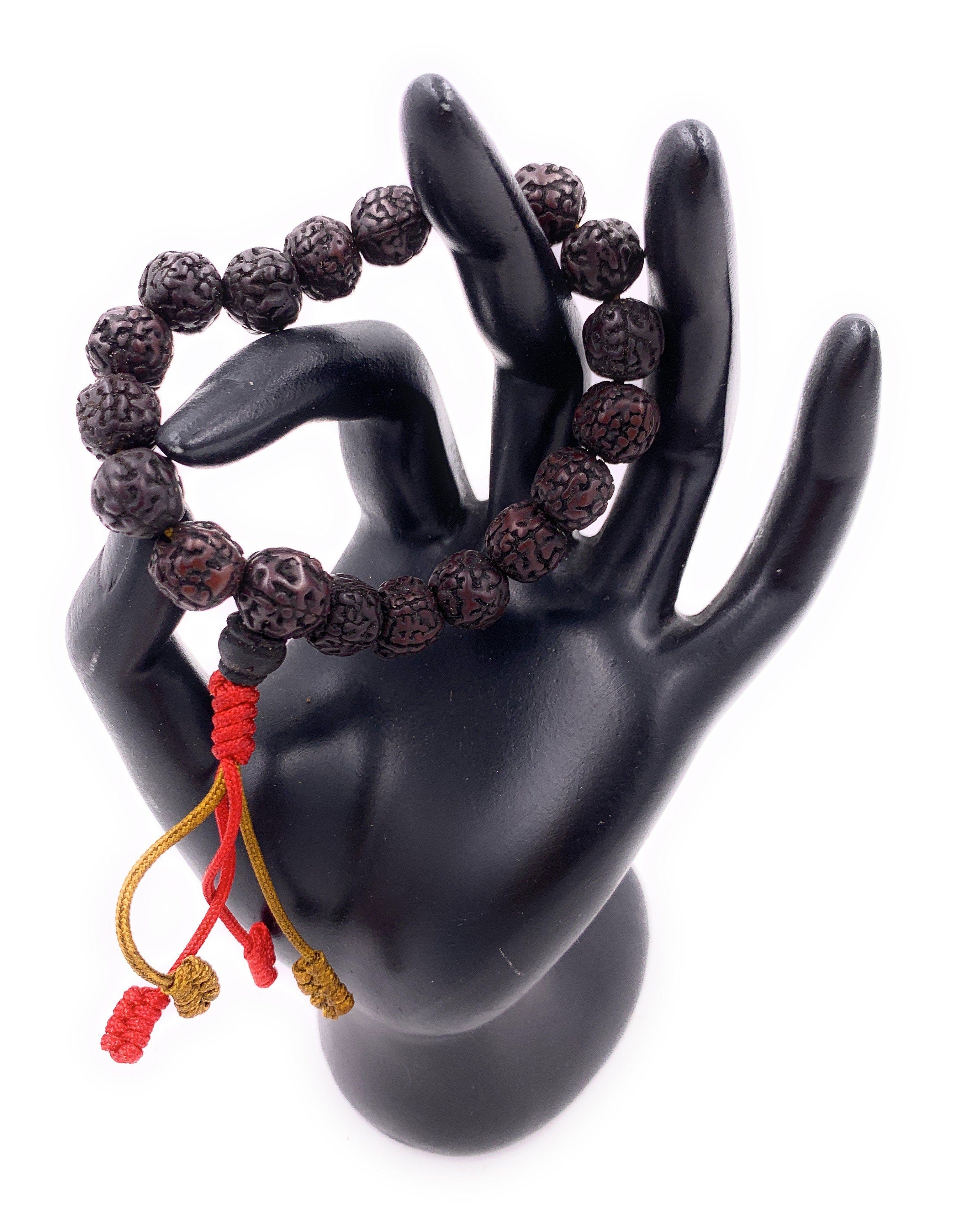 Dark Color Rudraksha 18 Beads Wrist Mala Bracelets Multi Color Tassel Free Pouch - DharmaObjects