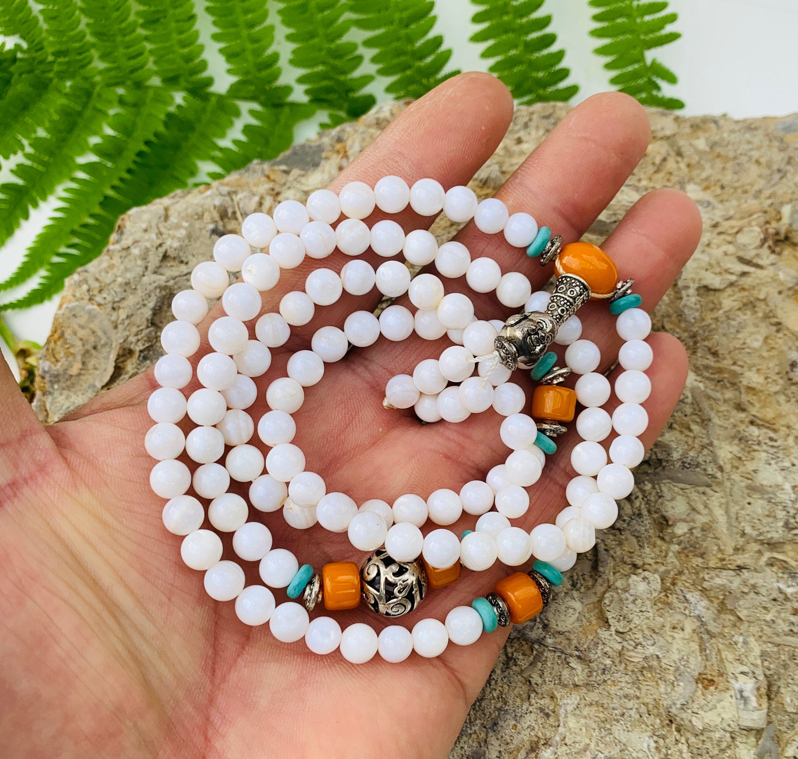 Tibetan Buddhist Mala / Rosary 108 Glass Beads/ Tibetan Silver Spacers / Free Mala Pouch - DharmaObjects