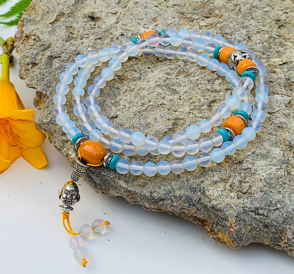 Tibetan Buddhist Mala / Rosary 108 Glass Beads/ Tibetan Silver Spacers / Free Mala Pouch - DharmaObjects