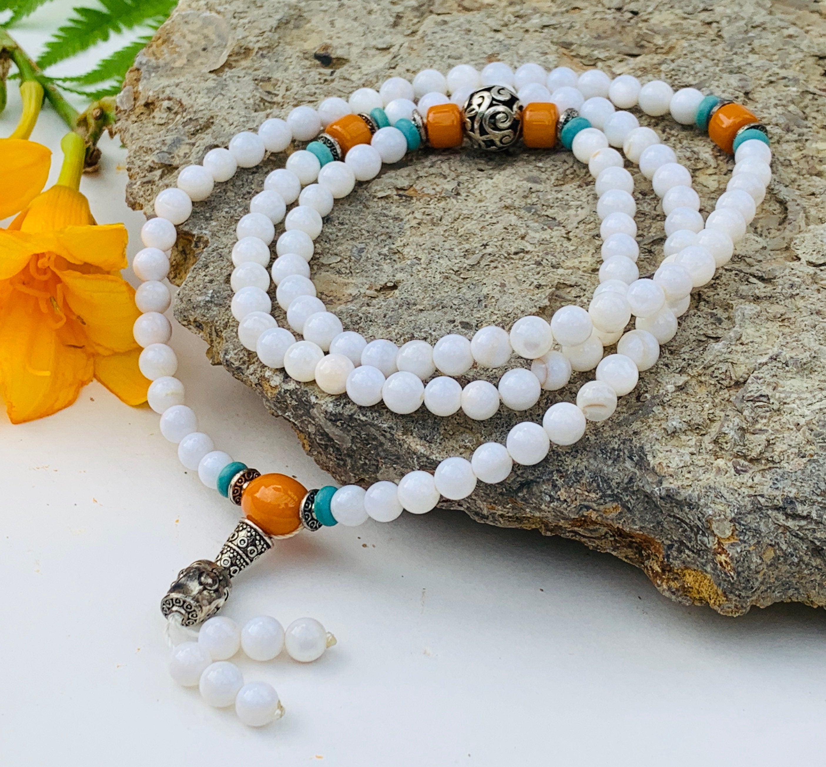 Tibetan Buddhist Mala / Rosary 108 Glass Beads/ Tibetan Silver Spacers / Free Mala Pouch - DharmaObjects