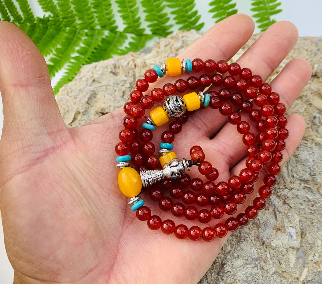 Tibetan Buddhist Mala / Rosary 108 Glass Beads/ Tibetan Silver Spacers / Free Mala Pouch - DharmaObjects