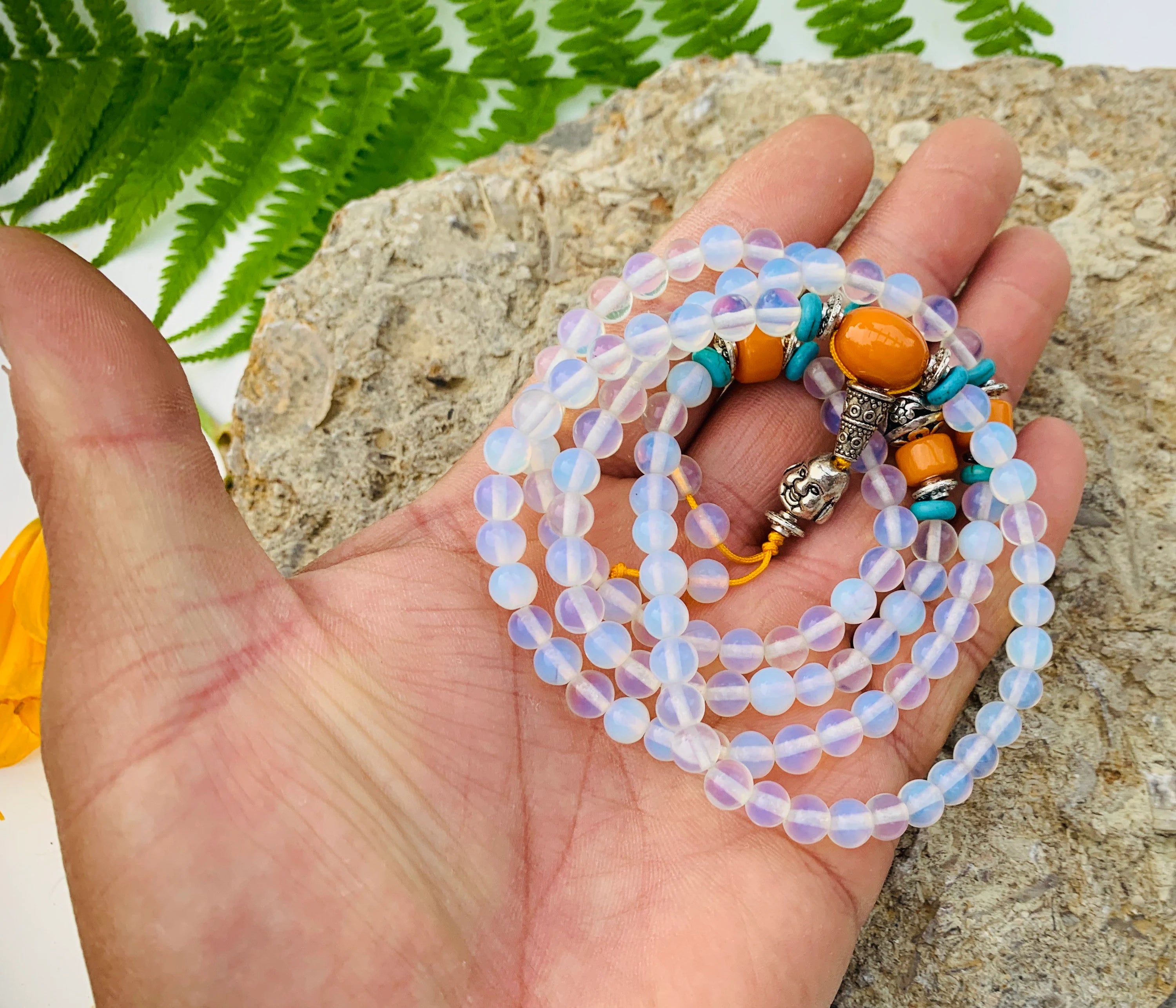 Tibetan Buddhist Mala / Rosary 108 Glass Beads/ Tibetan Silver Spacers / Free Mala Pouch - DharmaObjects