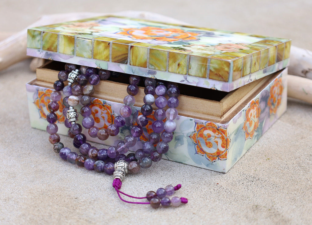 Tibetan Amethyst Mala 108 Beads – Silver Guru Bead & Om Mani Padme Hum Spacers