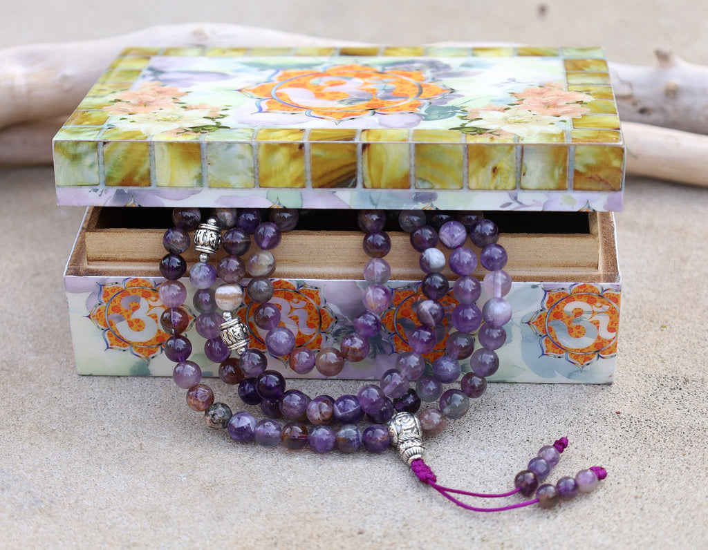 Tibetan Amethyst Mala 108 Beads – Silver Guru Bead & Om Mani Padme Hum Spacers