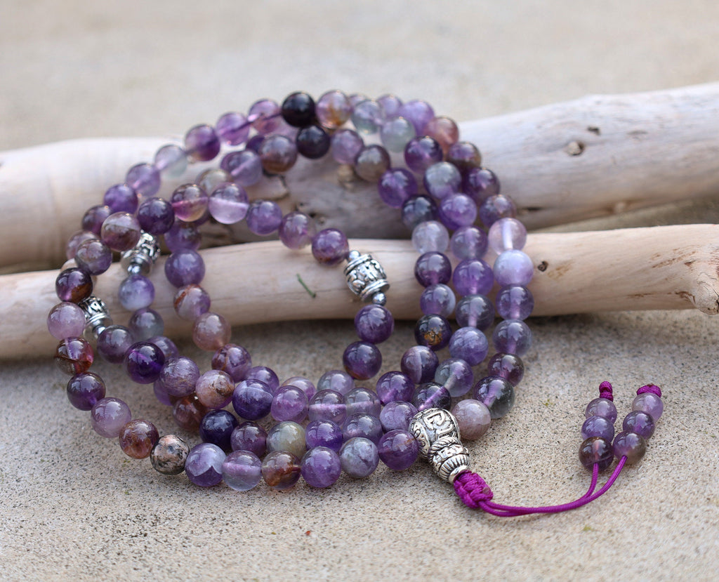 Tibetan Amethyst Mala 108 Beads – Silver Guru Bead & Om Mani Padme Hum Spacers