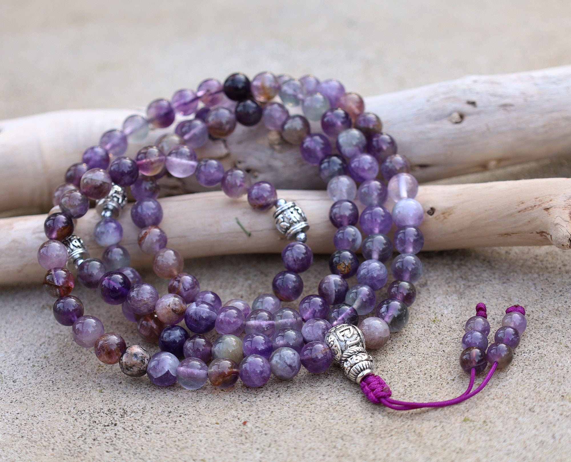 Tibetan Amethyst Mala 108 Beads – Silver Guru Bead & Om Mani Padme Hum Spacers