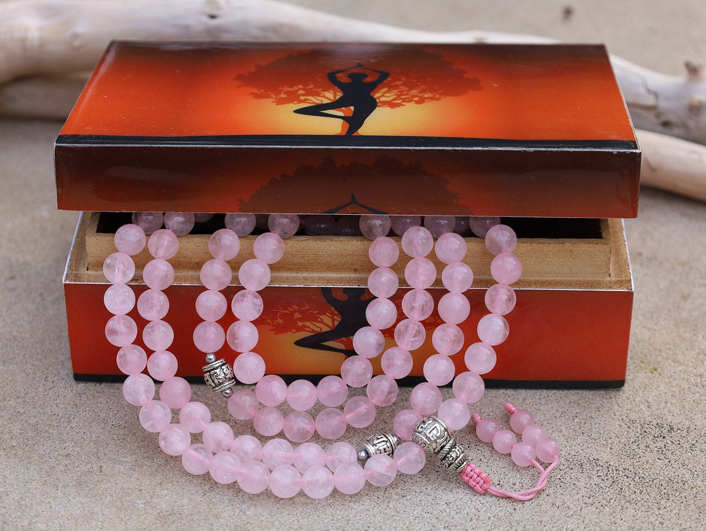 Tibetan Rose Quartz 108 Beads Mala Meditation Yoga With Silver Guru Bead, Silver Spacers And Mala Wooden Box