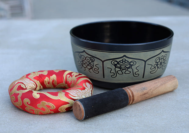 Tibetan Singing Bowl Set Eight Lucky Symbol With Mallet and Cushion ~ For Meditation, Chakra Healing, Prayer, Yoga