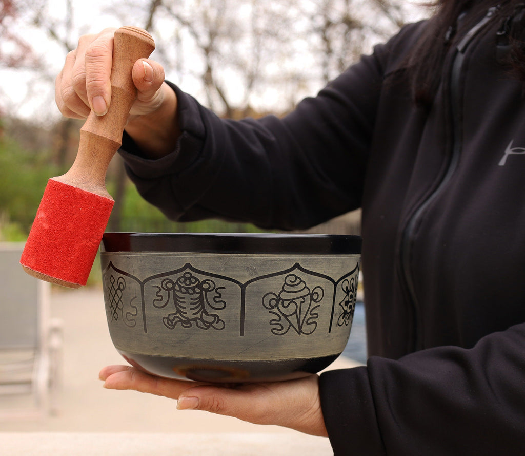 Tibetan Singing Bowl Set Eight Lucky Symbol With Mallet and Cushion ~ For Meditation, Chakra Healing, Prayer, Yoga