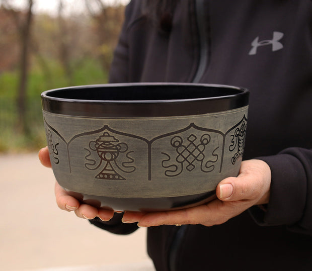 Tibetan Singing Bowl Set Eight Lucky Symbol With Mallet and Cushion ~ For Meditation, Chakra Healing, Prayer, Yoga