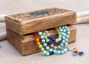 Tibetan Turquoise Chakra 108 Beads Mala Meditation Yoga With Silver Guru Bead, Silver Spacers And Mala Wooden Box
