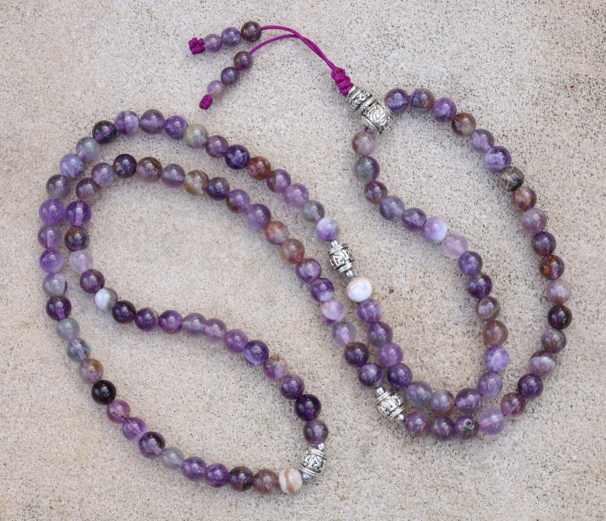 Tibetan Amethyst Mala 108 Beads – Silver Guru Bead & Om Mani Padme Hum Spacers