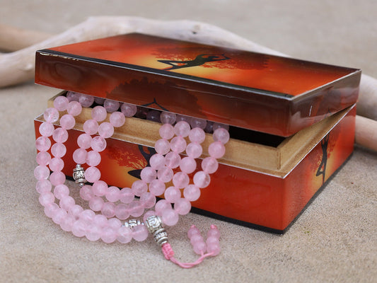 Tibetan Rose Quartz 108 Beads Mala Meditation Yoga With Silver Guru Bead, Silver Spacers And Mala Wooden Box