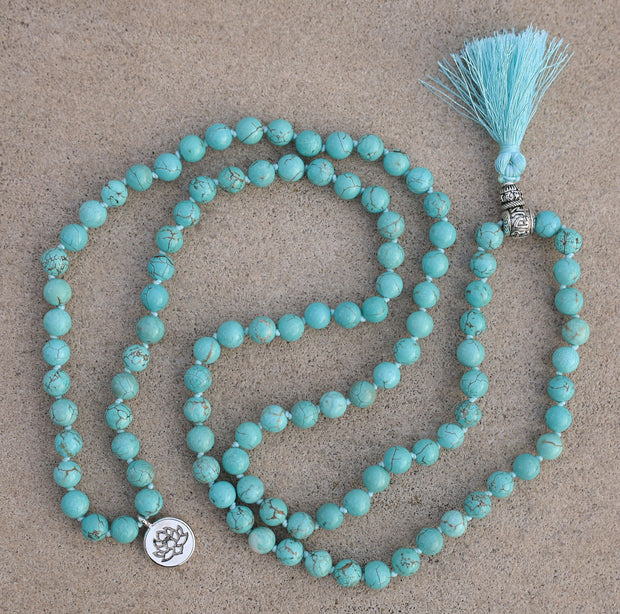 Tibetan Lotus Healing Stone 108 Beads Mala Prayer Meditation Yoga Chakra With Silver Guru Bead And Silver Spacers - Free Wooden Gift Box