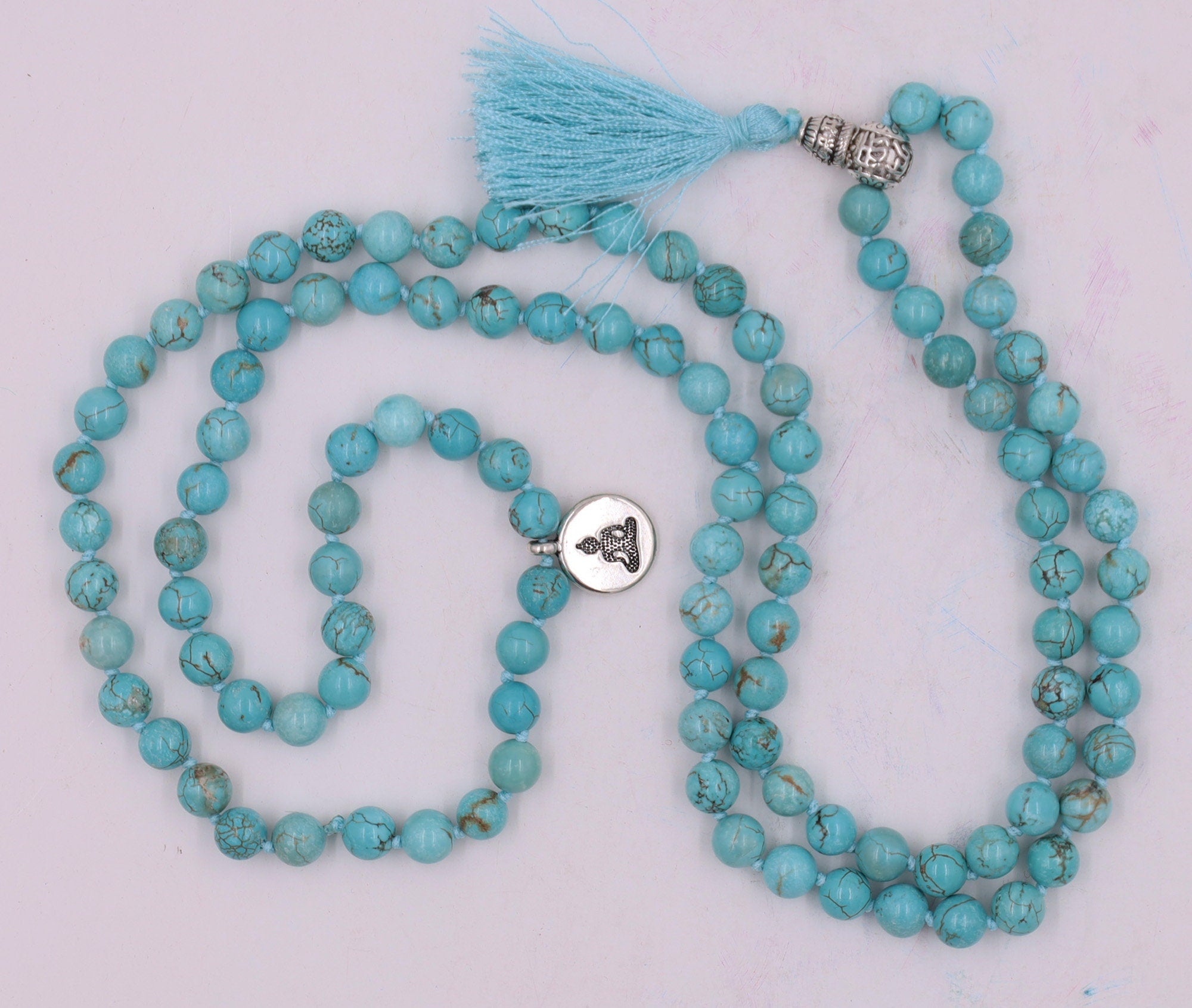 Tibetan Turquoise 108 Beads Mala Meditation Yoga With Silver Buddha Charm And Buddha Wooden Box - DharmaObjects