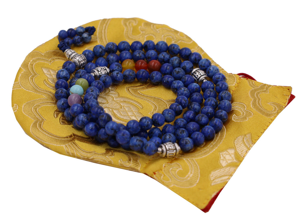 Genuine Lapis Lazuli 108 Beads Mala – Buddhist Prayer Beads with Tibetan Silver Guru Bead & Om Mani Spacers